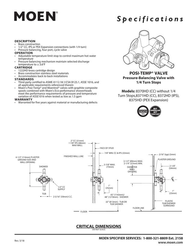 Moen 8370HD Commercial PosiTemp Pressure Balancing Shower Valve, 1/2-Inch CC, or Unfinished, 0.5