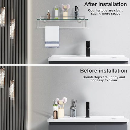 KOCOK 20-Inch Tempered Glass Bathroom Shelf with Towel Bar - Brushed Nickel & Stainless Steel, Wall Mount Rustproof Tower Holder with Shelves