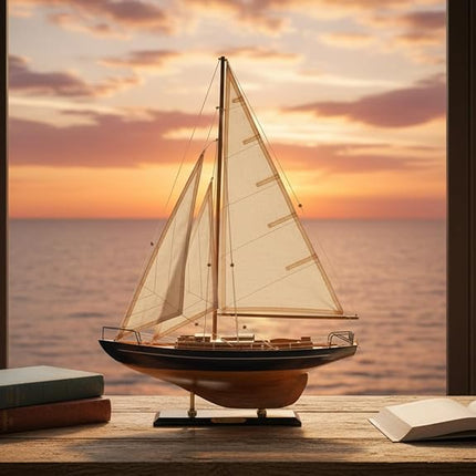 SAILINGSTORY Wooden Sailboat Decor Yacht Model Ship with Antique Finish Navy