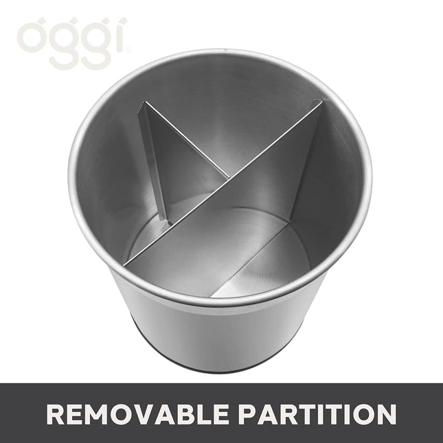 Oggi Jumbo Stainless Steel Rotating Utensil Holder with Removable Divider - Stylish Kitchen Cooking Utensil Organizer. Height 7.5".