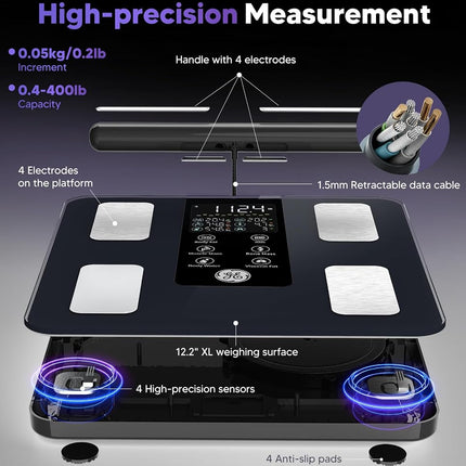 GE Smart Scale for Body Weight: 8-Electrode Digital Bathroom Scale for Body Weight Fat BMI Muscle Mass Full Body Composition Analyzer 27 Measurements Bluetooth Highly Accurate Weighing Scale, 400 lbs