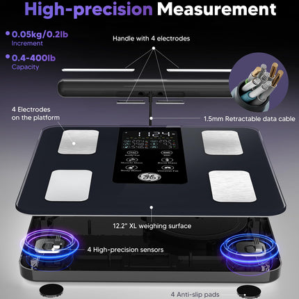 GE Smart Scale for Body Weight: 8-Electrode Digital Bathroom Scale for Body Weight Fat BMI Muscle Mass Full Body Composition Analyzer 27 Measurements Bluetooth Highly Accurate Weighing Scale, 400 lbs