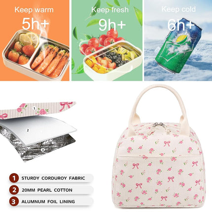 Bluboon Lunch Bag for Women Men Cute Corduroy Lunch Tote Bags Reusable Insulated Lunch Box Large Capacity Reusable Insulated Cooler for Work Picnic or Travel