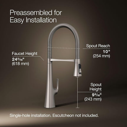 Kohler 22060-VS Graze Commercial, 3 Function Tall Semi-pro Kitchen Sink Faucet with Pull Down Sprayer, Vibrant Stainless