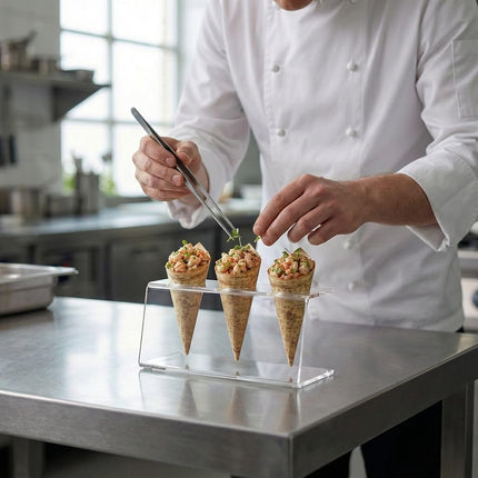Restaurantware Clear Tek 7.1 x 2.8 x 3.2 Ice Cream Cone Holder 1 Premium Popcorn Cone Holder - Cones are Sold Separately 3 Holes Clear Acrylic Cone Stand Display Candy Or French Fries