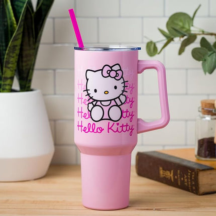 Gobelet isotherme en acier inoxydable Silver Buffalo Sanrio Hello Kitty avec poignée et paille compatible avec les porte-gobelets standards 38 L