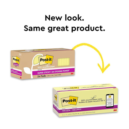 Post-it 100% Recycled Paper Super Sticky Notes, 2X The Sticking Power, 3x3 in, 24 Pads/Pack, 70 Sheets/pad, Canary Yellow(654R-24SSCY-CP)