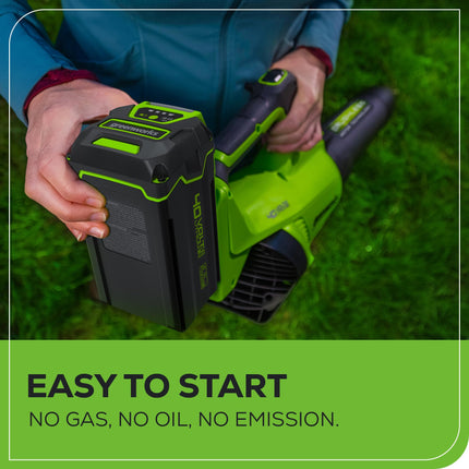 Soplador de hojas axial inalámbrico Greenworks 40V (130 MPH / 550 CFM / más de 75 herramientas compatibles) sin escobillas, batería de 4.0Ah y cargador incluidos