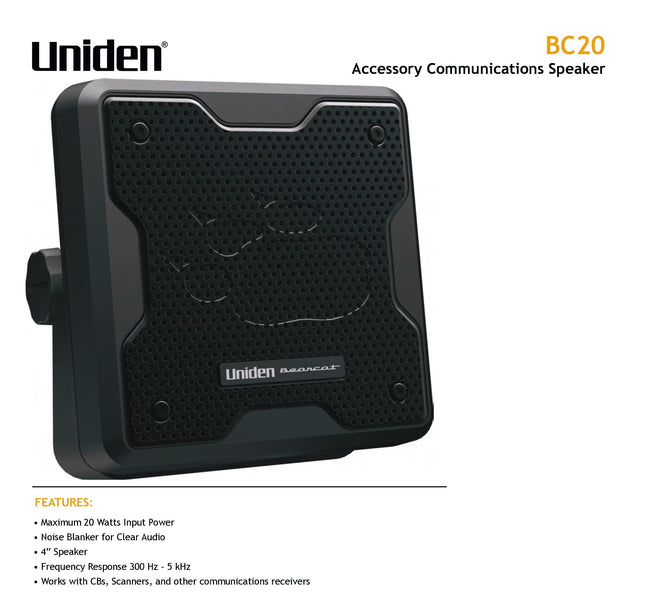 Uniden (BC20) Bearcat 20-Watt External Communications Speaker. Durable Rugged Design, Perfect for Amplifying Uniden Scanners, CB Radios, and Other Communications Receivers,Black