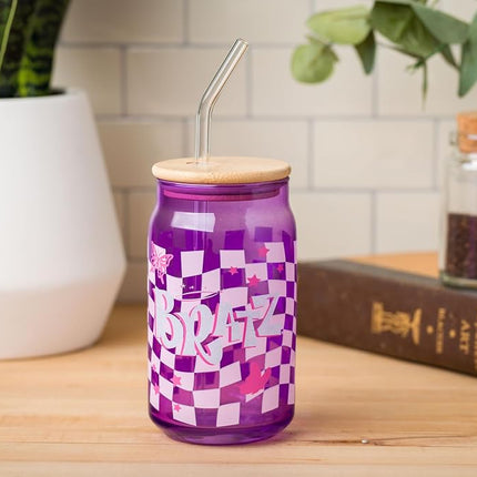 Silver Buffalo Bratz Logo Retro Groovy Purple Checkered Glass Jar Tumbler with Bamboo Lid and Glass Straw, 16 Ounces