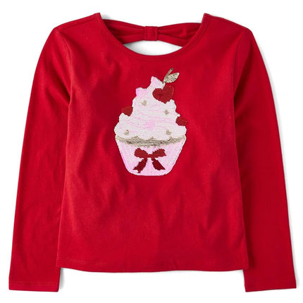 The Children's Place Girls' Long Sleeve Graphic Top with Back Detail, Red Cupcake, X-Small