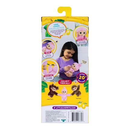 Little Live Pets Baby Monkey Minis – Luna Lemon. Interactive Pet Toy. 20+ Sounds & Reactions. Soft Pink Fur. 7.4" Tall. Feed, Nurture. React. Grippy Hands & Feet. Collect All 3