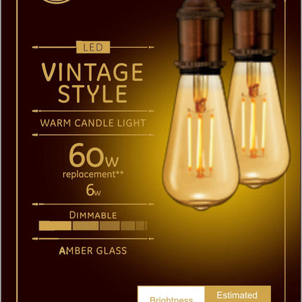 Focos LED Estilo Edison Vintage de GE Lighting, 6 Watts (equivalente a 60 Watts) Luz Cálida de Vela, Cristal Ámbar, Base Mediana, Regulables (Paquete de 2)