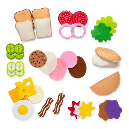 Melissa & Doug Juego de comida de fieltro para juego de imitación, kit de sándwich de juguete de 33 piezas, juguete de rol suave y sensorial para niños de 3 años en adelante