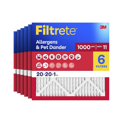 Filtro de aire Filtrete de 20x20x1, MPR 1000 MERV 11, Defensa contra alérgenos, paquete de 6 (Dimensiones exactas 19.69x19.69x0.81)