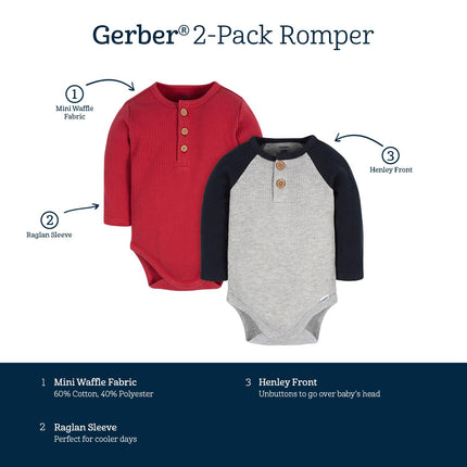 Gerber Baby Boys' 2-Pack Long Sleeve Henley Onesies, Red Black Heather Grey, 0-3 Months