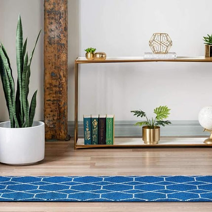 Unique Loom Trellis Frieze Collection Lattice Moroccan Geometric Modern Navy Blue Runner Rug (2' 0 x 13' 0)