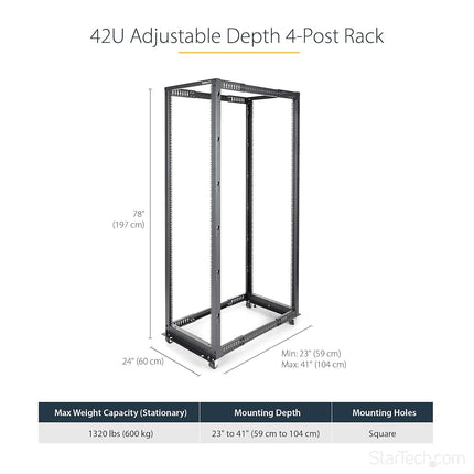 StarTech 42U 4-Post Open Frame Rack, 19in, 22-40in, 600kg/1323lb