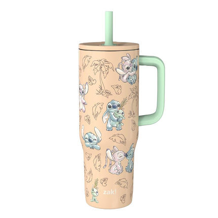 Zak Designs Disney Sutton Travel Tumbler for On The Go, 30oz Stainless Steel with Vacuum Insulation, Silicone Straw, and Carry Handle for Cold Drinks (Stitch, Angel)