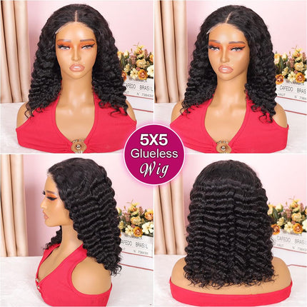Ailwelia Curly Bob Wig Human Hair Deep Wave Glueless Wigs Human Hair Pre Plucked Pre Cut 5x5 Wear And Go Glueless HD Lace Closure Wigs Human Hair For Black Women 200% Density Black Color 14 Inch