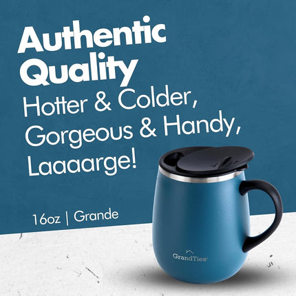 GrandTies Insulated Coffee Mug with Handle - Sliding Lid for Splash-Proof 16 oz Wine-Glass Shape Thermal Tumbler with Double Walled Vacuum Stainless Steel to Keeps Beverages Hot or Cold (Cobalt Blue)