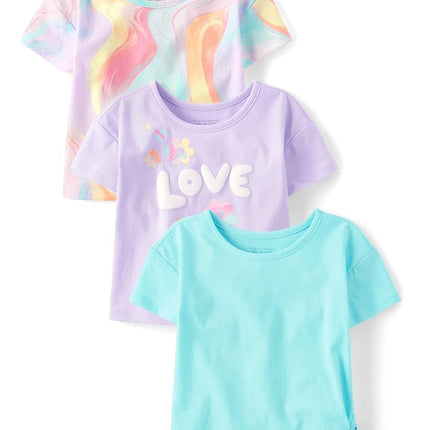 The Children's Place Baby Girls' and Toddler Short Sleeve Everyday Casual Knit Shirt, Purple Ribbon 3-Pack, 4T
