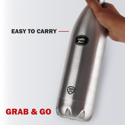 Cello Swift Stainless Steel Vacuum Insulated Flask 1000ml| Hot and Cold Water Bottle with Screw lid, Double Walled Silver Bottle for Home, Office, Travel, Steel Thermos Bottle 1L
