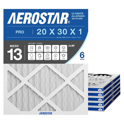Aerostar 20x30x1 MERV 13, Pleated Air Filter, 20x30x1, Box of 6, Made in the USA