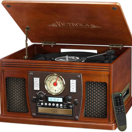 Platine Vinyle Bluetooth 8-en-1 Victrola Nostalgic Aviator en Bois, Centre de Divertissement, Acajou