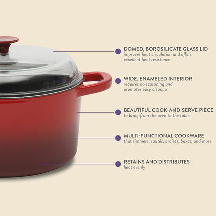 Olla de horno holandesa redonda de hierro fundido esmaltado Crock Pot Artisan de 7 cuartos con tapa de vidrio de borosilicato apta para horno, utensilios de cocina de alta resistencia para hornear, asar y cocinar a fuego lento, rojo