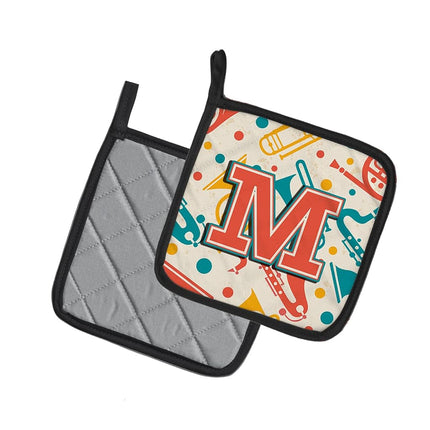 Caroline's Treasures Letter M Retro Teal Orange Musical Instruments Initial Pair of Pot Holders CJ2001-MPTHD, Fabric, Multicolor