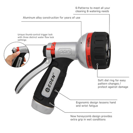 Eden 94830 Pro Metal 6-Pattern RearTrigger Garden W/Quick Connect Starter Set, HIGH Pressure Spray Nozzle for Hose