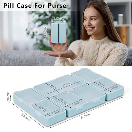 FYY Daily Pill Organizer,2 Pcs 7 Compartments Portable Pill Case Travel Pill Organizer,[Folding Design] Pill Box for Purse Pocket to Hold Vitamins,Cod Liver Oil,Supplements and Medication-Blue Clear