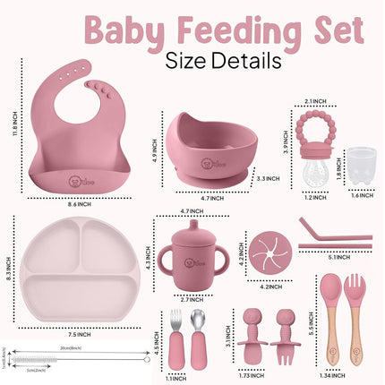 O'doe™ 17-Piece BPA-Free Silicone Baby Feeding Set | Thick & Soft Suction Plates, Baby Bowls, Wooden Fork & Spoon, and More (Pink, V2: Nurture Pack [17 Pieces)