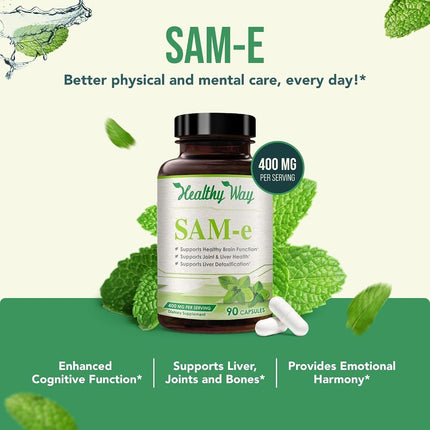 Healthy Way Pure SAM-e 400mg Supplement (Non-GMO) - 90 Capsules Sam-e (S-Adenosyl Methionine) to Support Mood, Joint Health, and Brain Function Non GMO USA Made