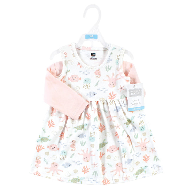 Hudson Baby Conjunto de Vestido y Cárdigan de Algodón para Bebé Niña, Azul Marino Pastel, 2T