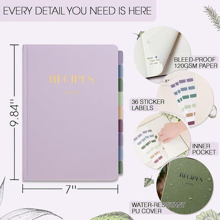 hi!SCI Blank Recipe Book to Write in Your Own Recipes, Large Recipe Notebook with 192 Pages, 7" x 10" Hardcover Recipe Journal for Family Cooking Lover (Lavender Fog)