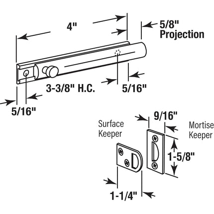 Defender Security U 10306 Prime Line Slide Bolt, 4 in, Solid, Brass, 4 Inches