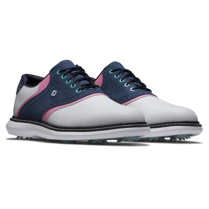 FootJoy Men's Traditions Golf Shoe, White/Blue/Pink, 7.5 Wide