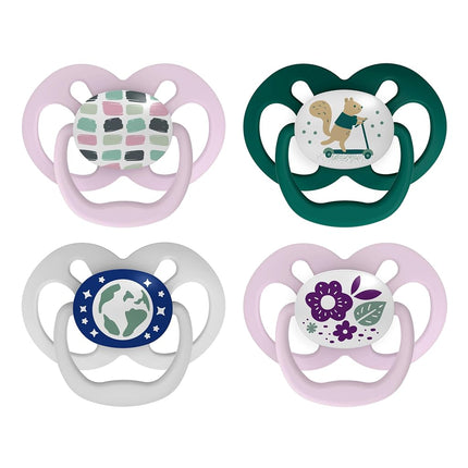 Suceuses pour bébé Advantage Dr. Brown's, brillent dans le noir, suceuse entièrement symétrique avec tétine en silicone souple, motif Scooter Squirrel-Purple Nature, 6-18 m, sans BPA, paquet de 4