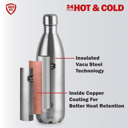 Cello Swift Stainless Steel Vacuum Insulated Flask 1000ml| Hot and Cold Water Bottle with Screw lid, Double Walled Silver Bottle for Home, Office, Travel, Steel Thermos Bottle 1L