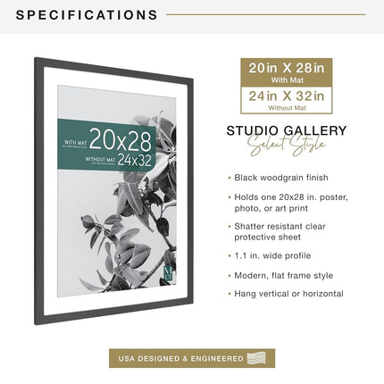 MCS Studio Gallery 24x32 Poster Frame, Display Pictures 20x28 With Mat or 24x32 Without Mat, Vertical & Horizontal Wall Hanging Large Picture Frame for Photos & Posters, Black (1-Pack)