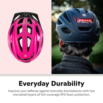 Casque de vélo adulte Schwinn Beam LED, conception réfléchissante pour la sécurité à vélo, coque légère Mircoshell, ajustement Dial-Fit, 58-62cm, rose brillant