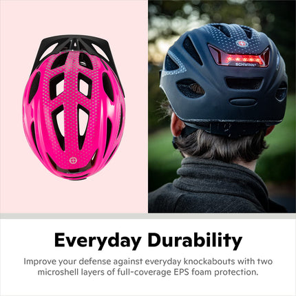 Schwinn Beam LED Lighted Adult Bike Helmet, Reflective Design for Cycling Safety, Lightweight Mircoshell , Dial-Fit Adjustment, 58-62cm, Gloss Pink