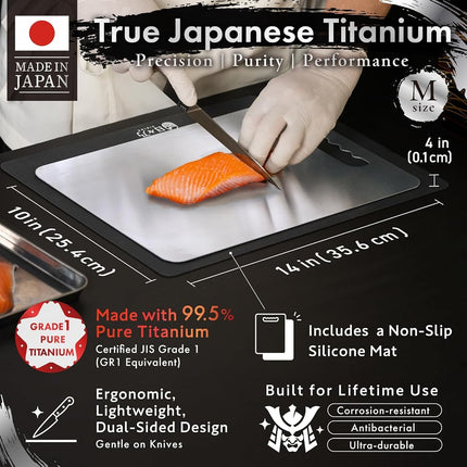 HIBINO Titanium Cutting Board | 99.5% Pure Japanese Titanium Chopping Board | Double-Sided, Non-Toxic, Lightweight & Dishwasher Safe | M Size | Made in Japan | Non-Slip Mat | Kitchen, BBQ & Camping