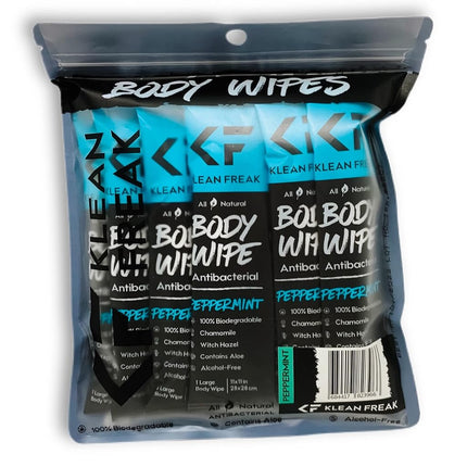 The Klean Freak Body Wipes - 12 count Individually Wrapped | Showerless Body Wipe for Women & Men | Sustainable Bodywipes for Gym, Travel, Camping | Peppermint