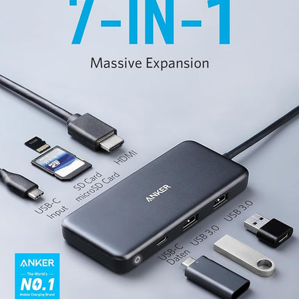 Anker USB C Hub, 7-in-1 USB C Adapter, with 4K USB C to HDMI, 100W Power Delivery, USB C Data Port, microSD/SD Card Reader, 2 USB 3.0 Ports, for MacBook Pro 2017/2018, Chromebook, XPS, and More