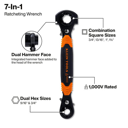 KLEIN TOOLS KT175HFINS 7-in-1 Insulated Lineman Wrench with Dual Hammer Faces, Ratcheting Pass-Through Design, 1000V Rated, Multi-Size Utility Wrench for Pole Hardware