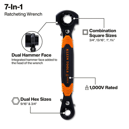 KLEIN TOOLS KT175HFINS 7-in-1 Insulated Lineman Wrench with Dual Hammer Faces, Ratcheting Pass-Through Design, 1000V Rated, Multi-Size Utility Wrench for Pole Hardware