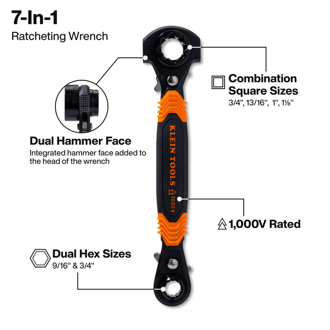 KLEIN TOOLS KT175HFINS 7-in-1 Insulated Lineman Wrench with Dual Hammer Faces, Ratcheting Pass-Through Design, 1000V Rated, Multi-Size Utility Wrench for Pole Hardware